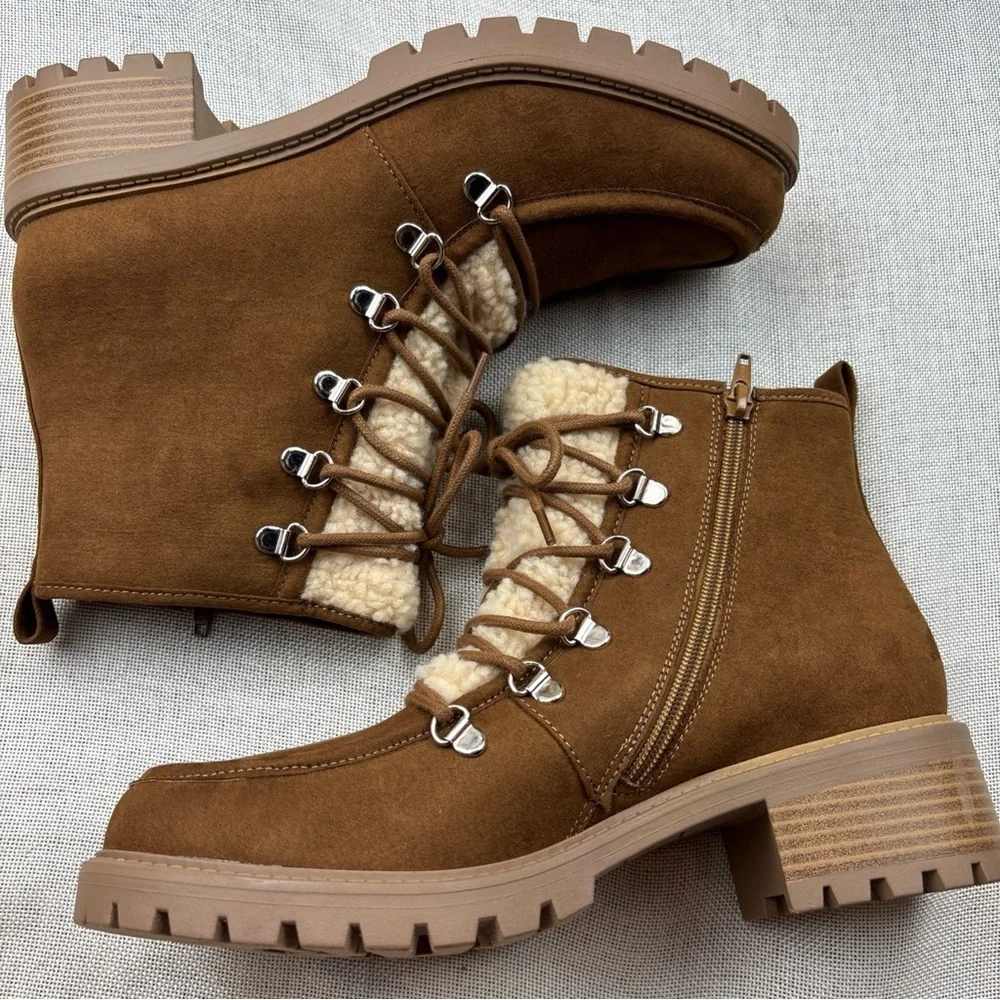 Sun + Stone Women's Brown Peanut Quiinn Lace-Up Winter Lug Booties Size 10